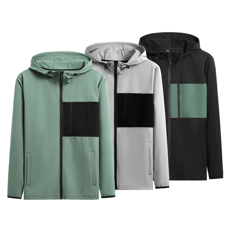 Men's athletic windbreaker zip-up jacket SF2010 in green, grey, and black, featuring a hood and color-block design, perfect for outdoor wear.
